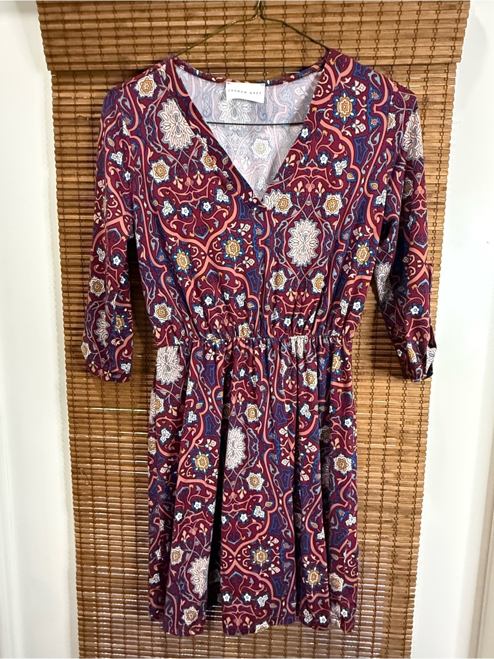 French Grey Maroon Paisley V-Neck Long Sleeve Dress
